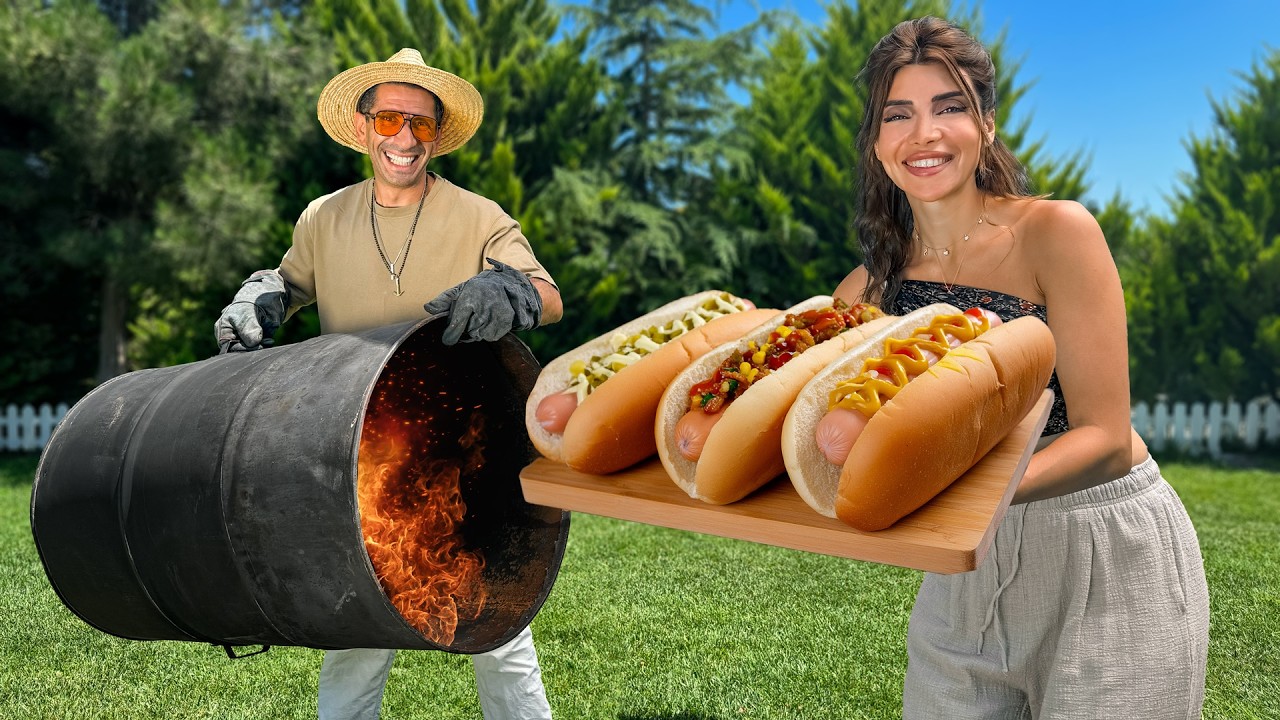 Cooking Delicious Hot Dogs in a Barrel : Family BBQ Fun!