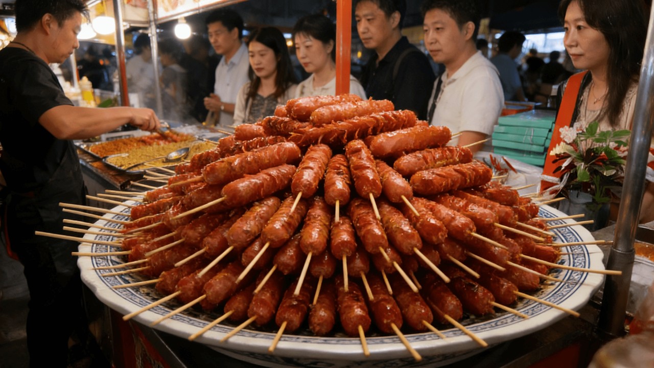 中国上海街头的韩国美食与市中心的热闹集市：网红金币饼，芝士拉丝长达一米、韩式鱼饼年糕暖暖的超治愈、碳烤五花肉、包浆豆腐、拇指生煎，漫步在上海街头citywalk，边吃边逛超满足！
