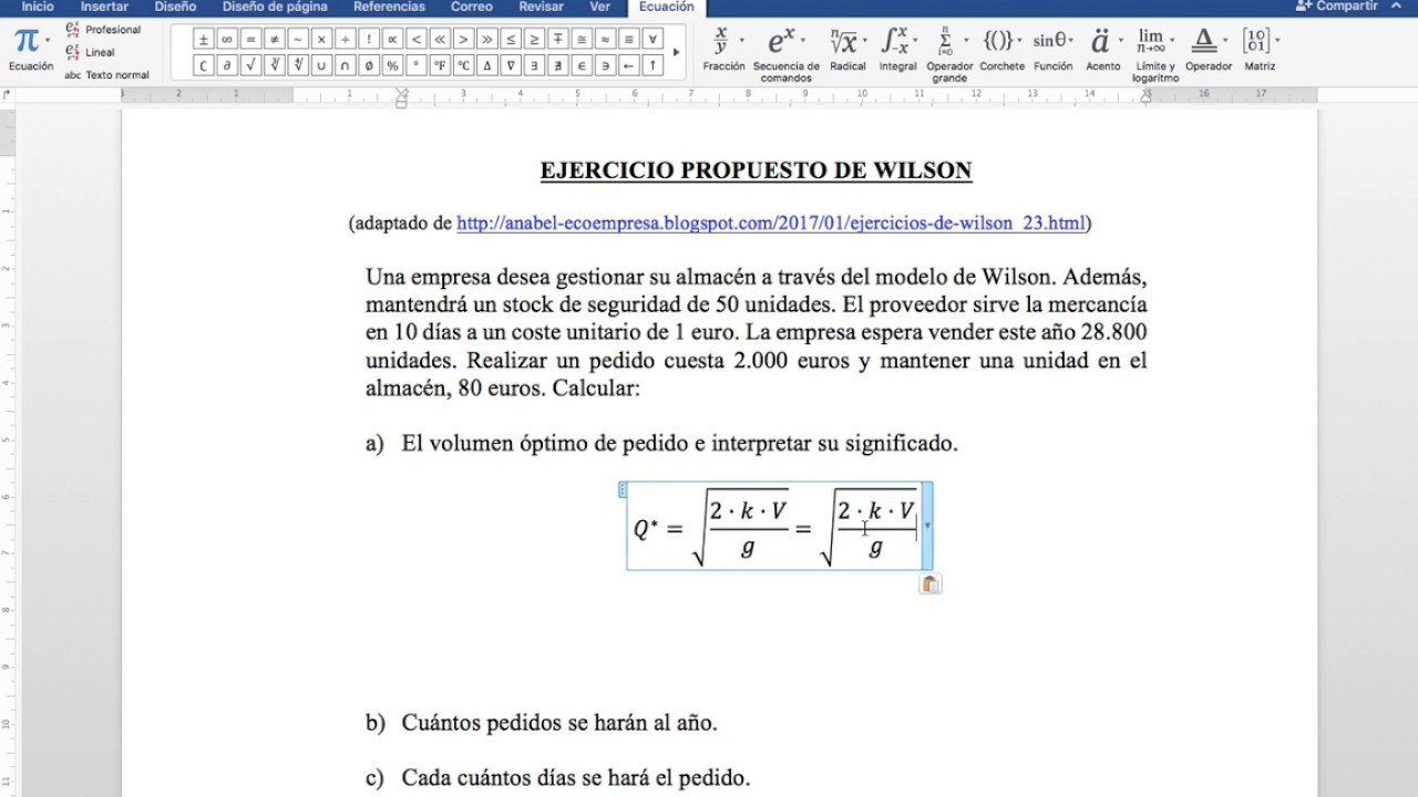 Economía de la empresa. EVAU. Modelo de Wilson. Ejercicio resuelto.