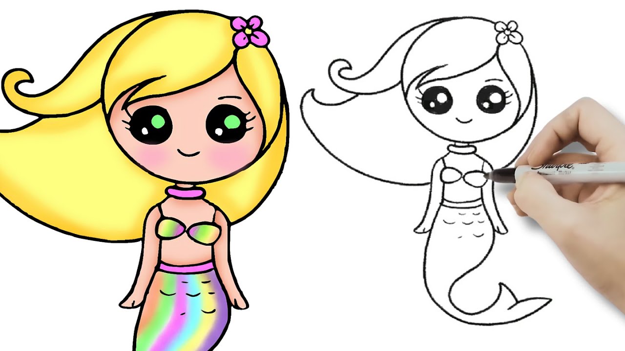 💛💜 Hvordan tegne en KAWAII HAVFRUE - SØT DUKKE