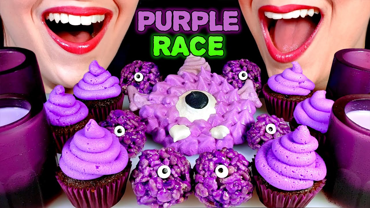 ASMR PURPLE RACE, PURPLE PEOPLE EATER MERINGUE COOKIES, CUPCAKES, RICE KRISPIES, JELLO SHOT GLASSES