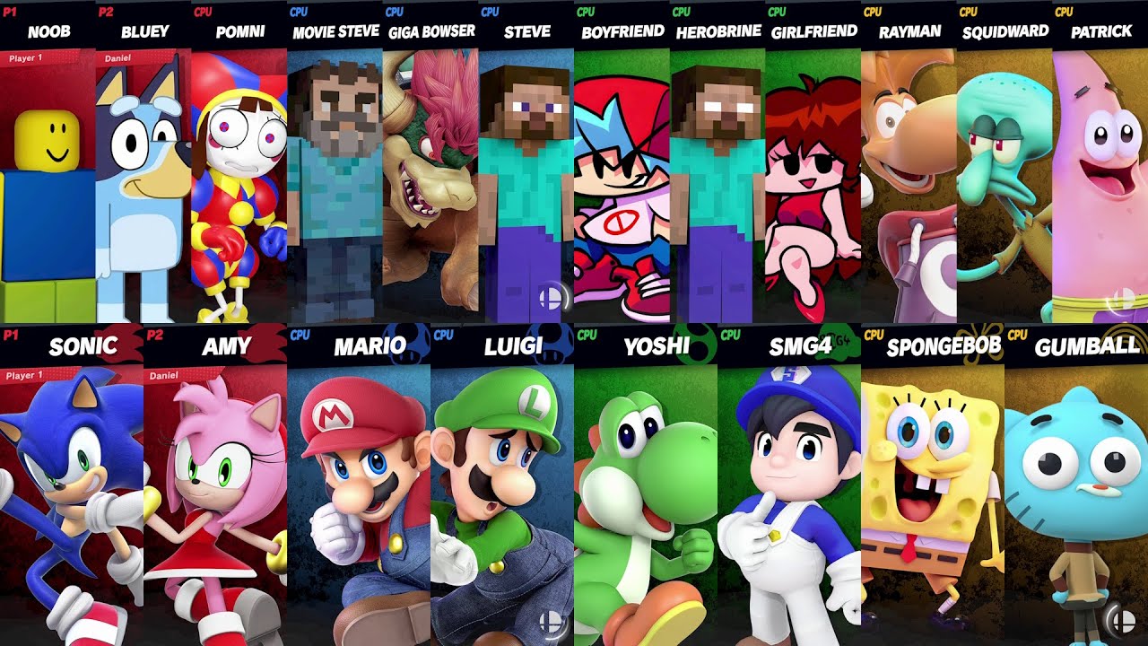 Sonic vs Mario vs Bluey vs SpongeBob vs Girlfriend vs Amy vs Roblox vs Minecraft | Super Smash Bros