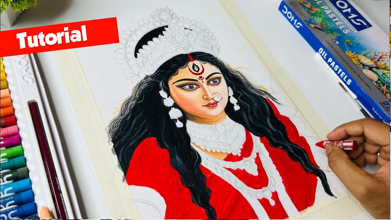 Durga Maa Drawing Oil Pastel, Oil Pastel Drawing, Durga Thakur Drawing,