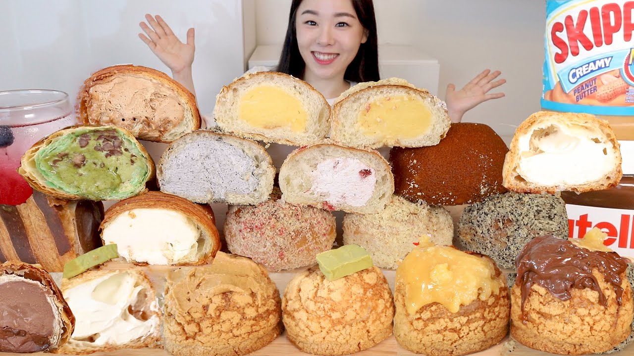 SUB) ASMR Хлеб со сливками Мукбанг 🍞 Слойка со сливками Печенье Заварное тесто Крем Круассан десерт