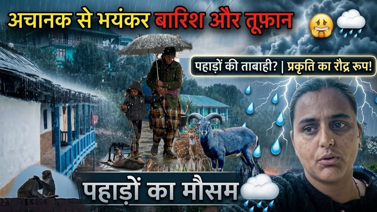 पहाड़ों में भयंकर बारिश ⛈️पड़ने लगे बड़े बड़े ओले🌪️|| Heavy rainfall in the mountain village😲