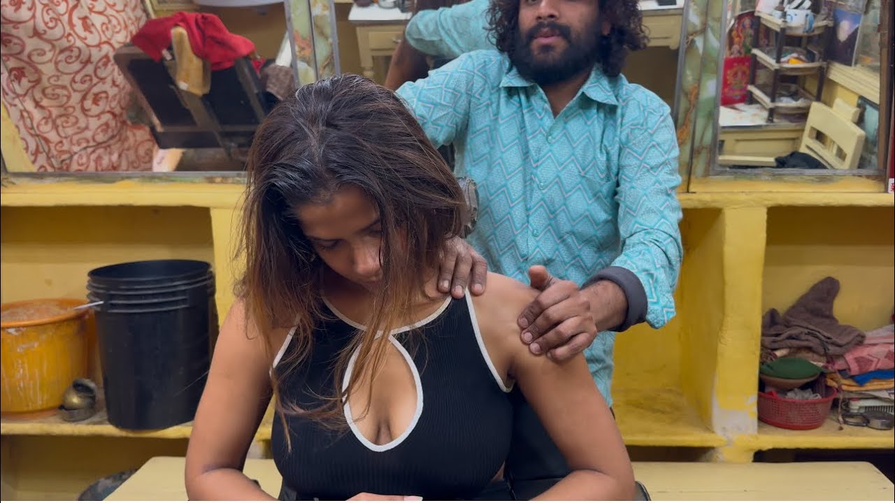 Relaxing cosmic head neck massage with smiling face