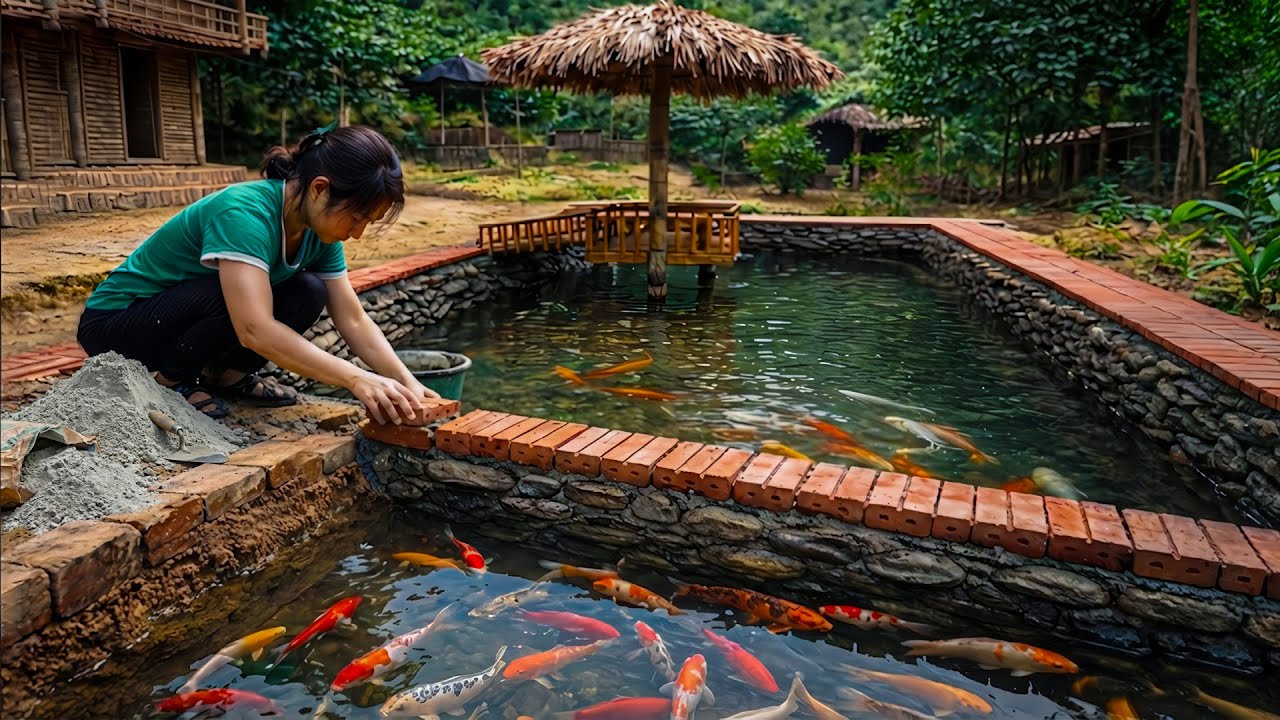 Finishing a Brick and Cement Fish Pond Renovation with Beautiful Flowers