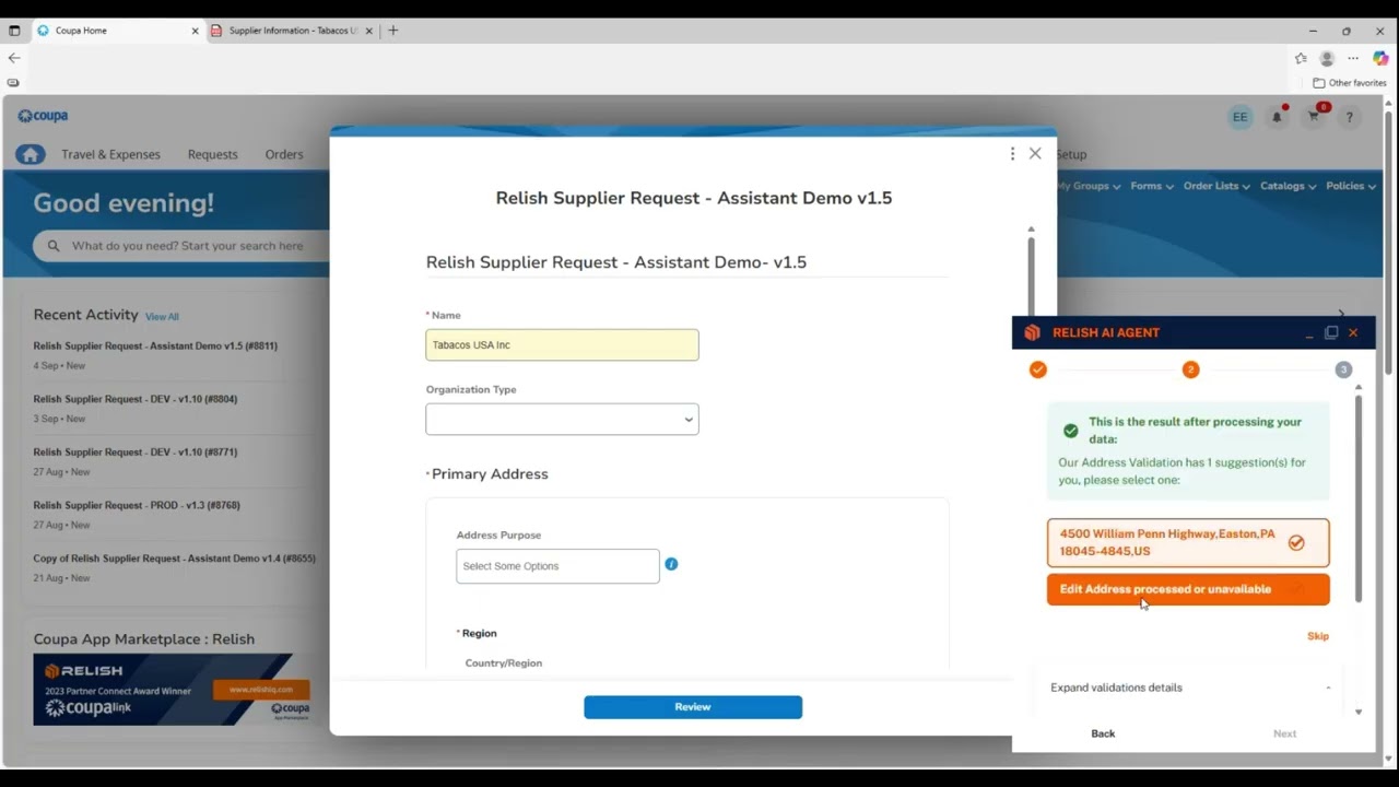 Relish Supplier Onboarding Agent Coupa BYOA