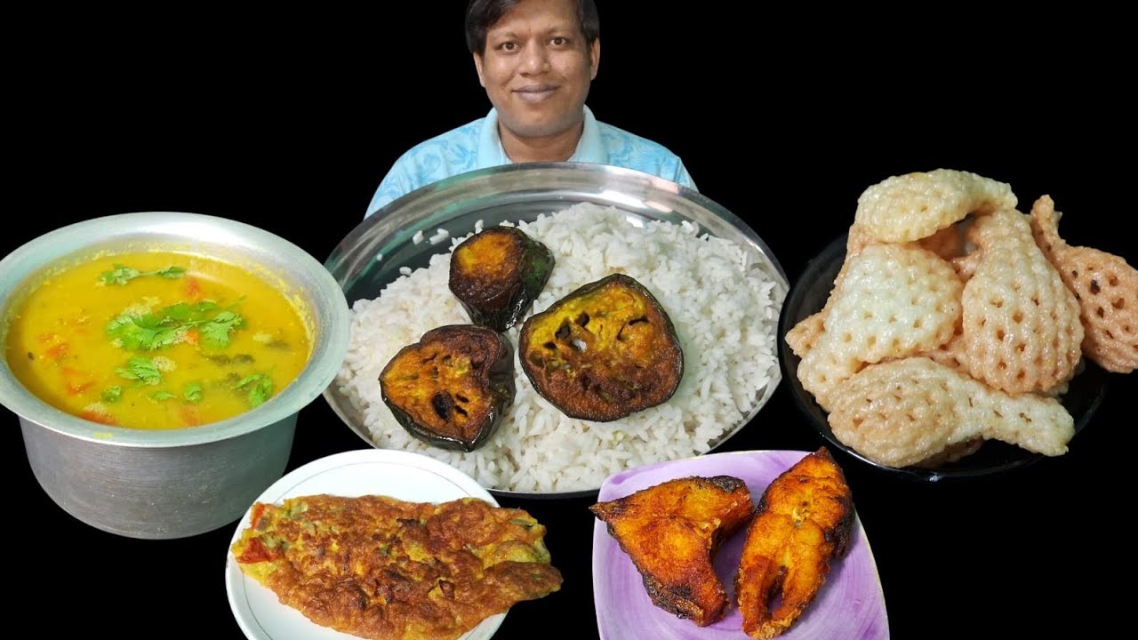 Asmr eating dal chawal, egg omelette, fish fry, papor, brinjal fry, big bites, mukbang @RABINEATING 