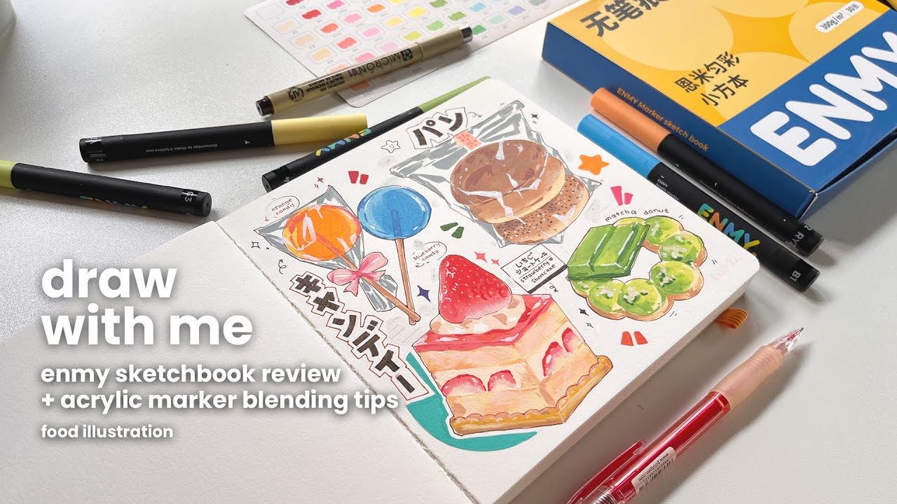 -` draw with me - enmy sketchbook review + acrylic marker blending tips // food illustration &acute;-