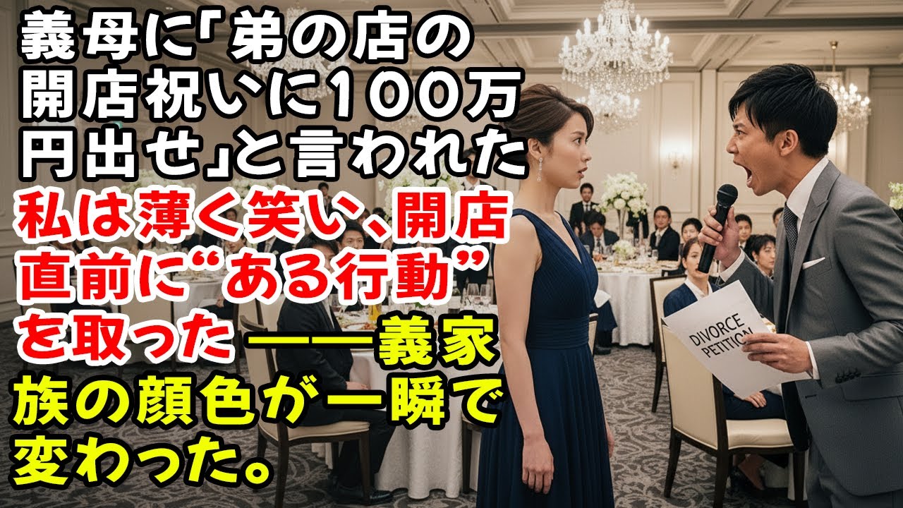 義母に「弟の店の開店祝いに100万円出せ」と言われた。私は薄く笑い、開店直前に“ある行動”を取った――義家族の顔色が一瞬で変わった。