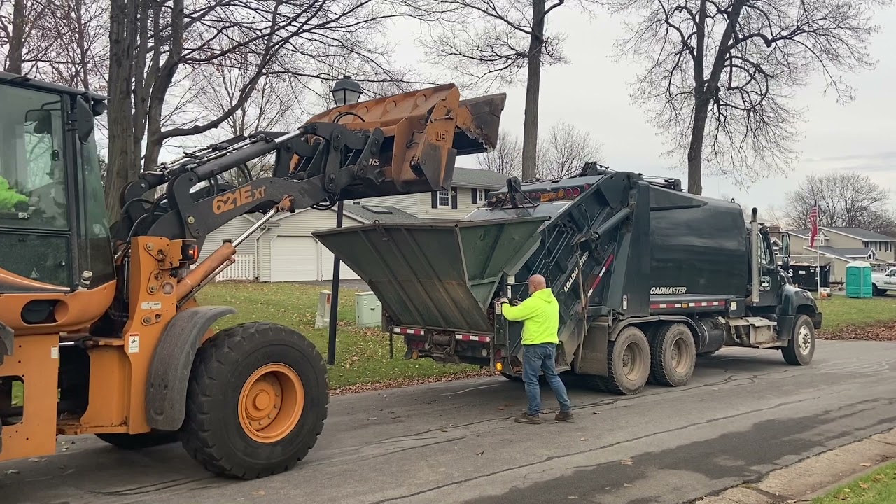 Fairport DPW Leaf Collection - Loadmaster Rear Loader Garbage Truck + Freightliner Leaf Vacuum
