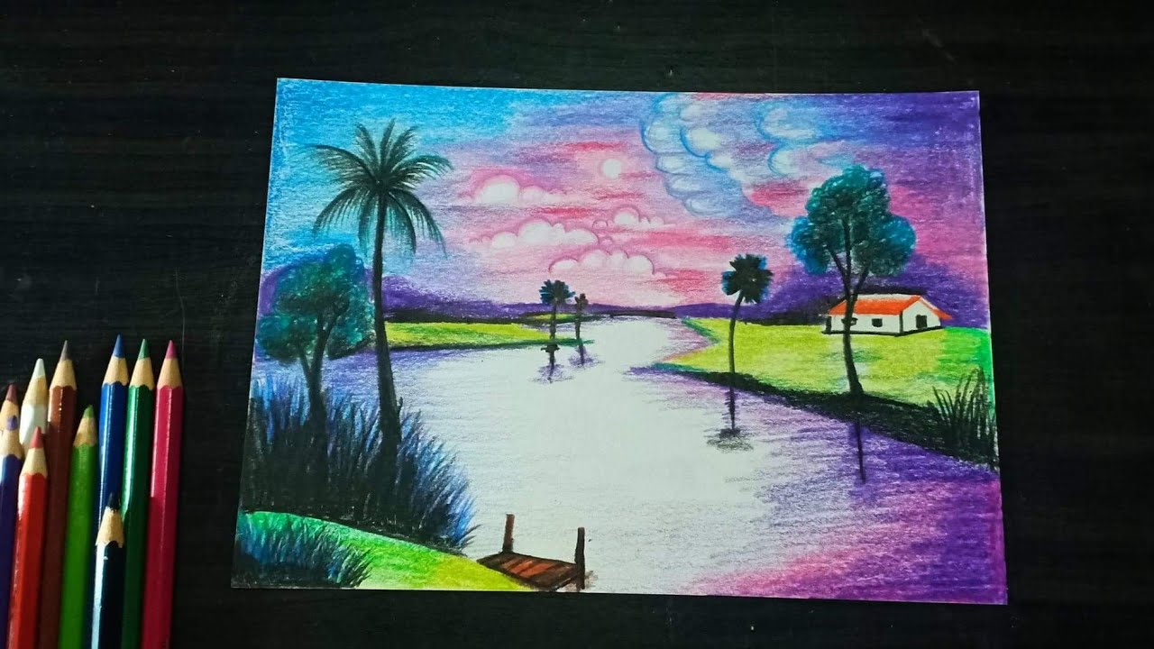 วาดภาพวิวเเม่น้ำยามเย็น ด้วยสีไม้ระบายน้ำ How to draw Evening river view