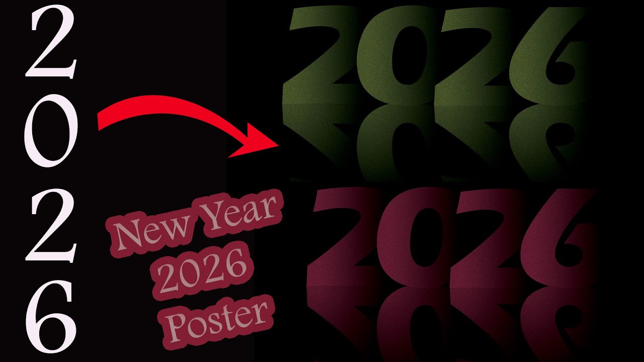 New Year Overlapping Shadow Text Design in Photoshop New Year 2026 Poster | Photoshop Tutorials 2026