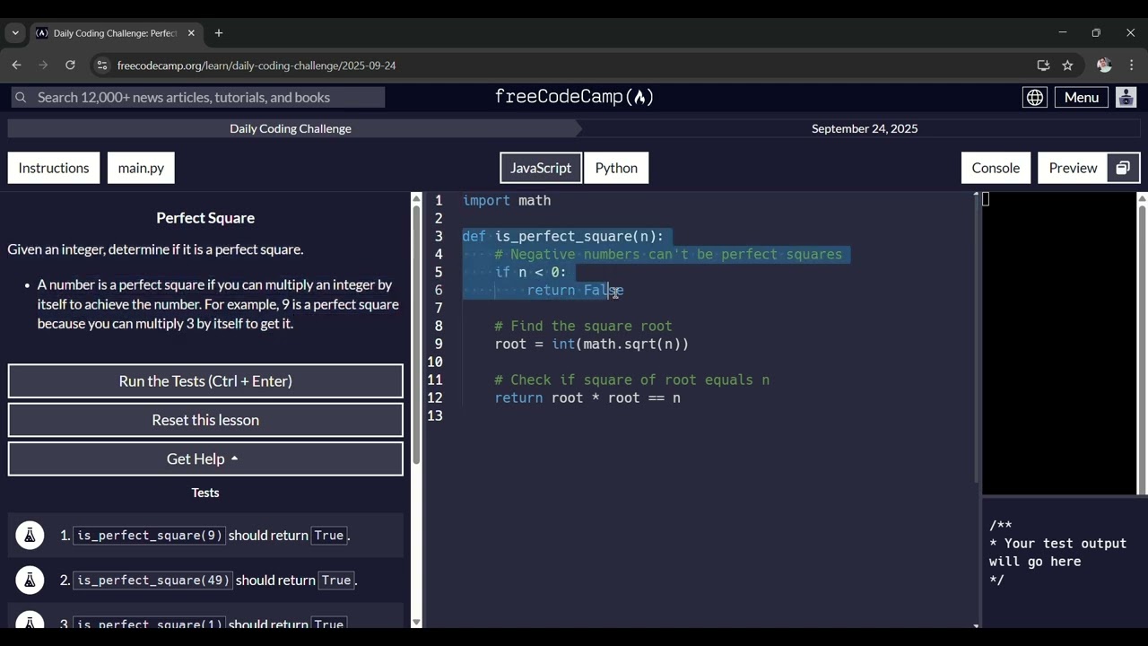 @freecodecamp freeCodeCamp Daily Coding Challenges | 24 sept | Perfect Square | Python