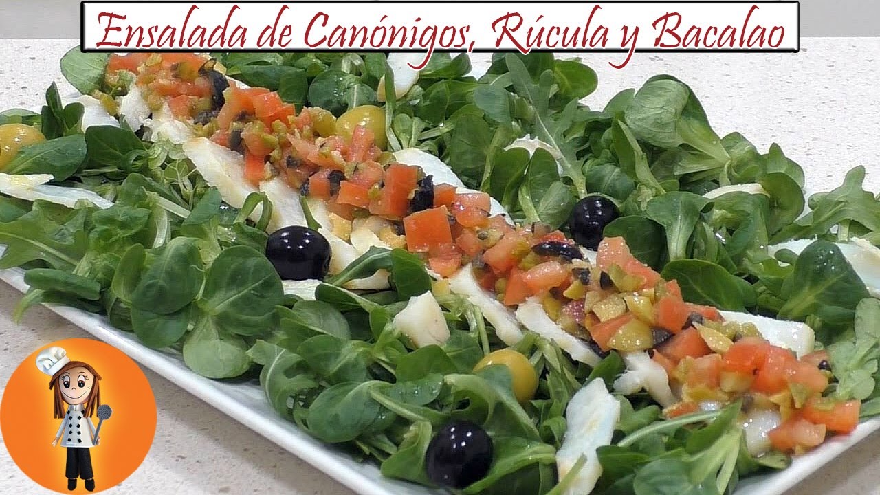 Ensalada de canónigos, rúcula y bacalao | Receta de Cocina en Familia