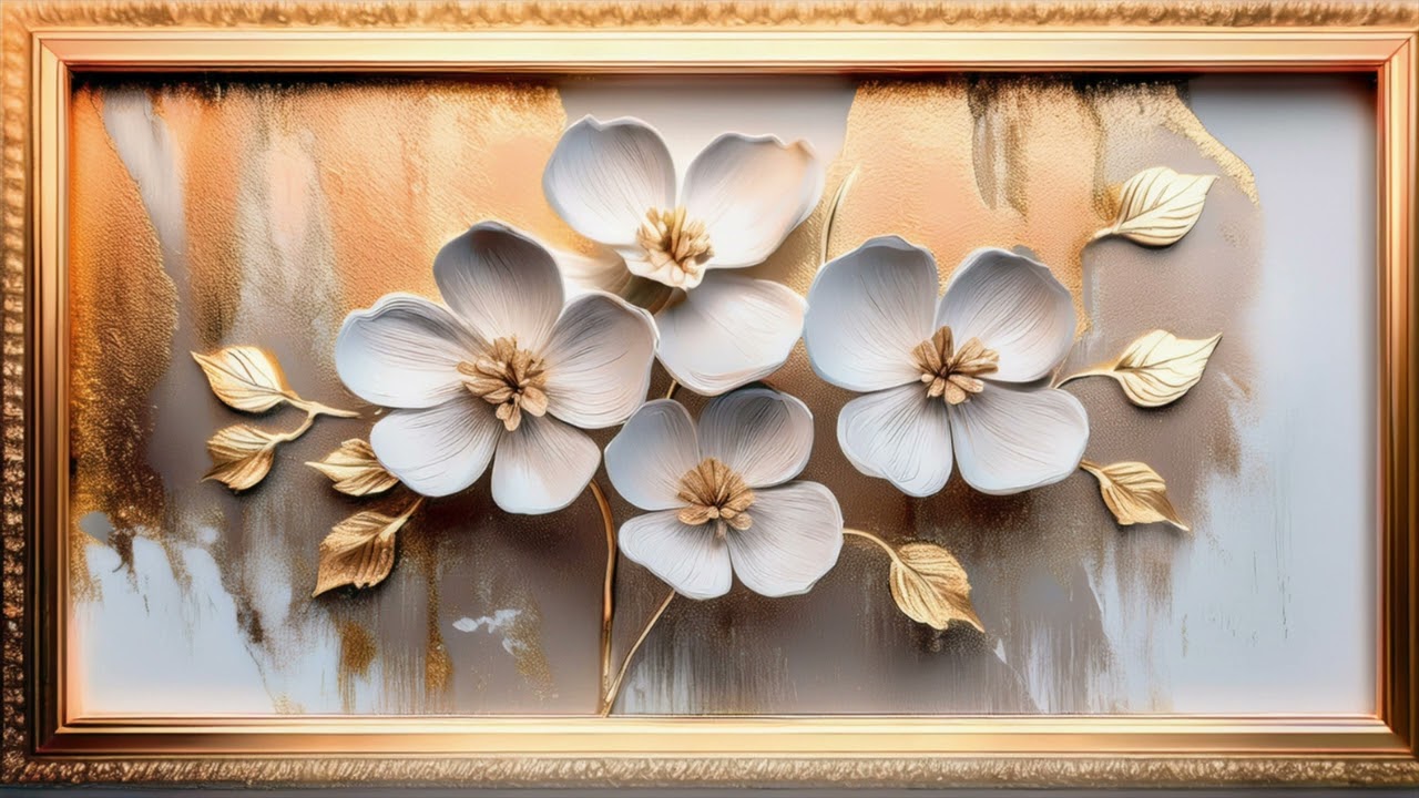 White & Gold Flowers with Golden Background Framed Painting 4K Digital TV Art Screensaver Wallpaper