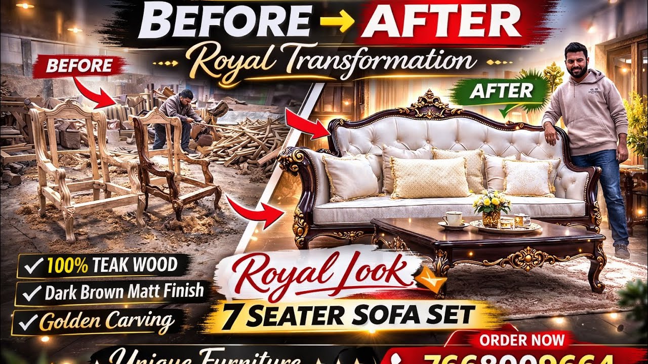 Before & After | 7 Seater Teak Wood Sofa Transformation | Dark Brown Matt Finish with Golden||