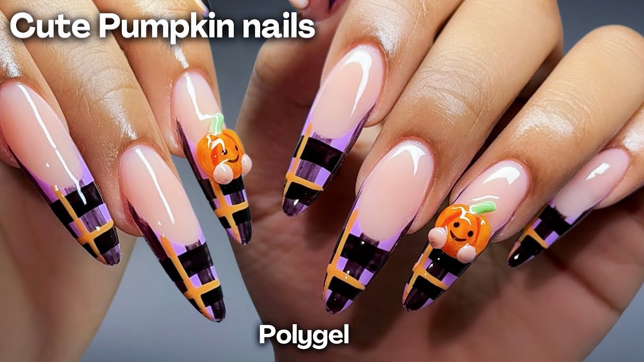 Полигелевые ногти в виде жуткой тыквы 💜🎃 простой дизайн ногтей для миндалевидных ногтей + 3D-моде...