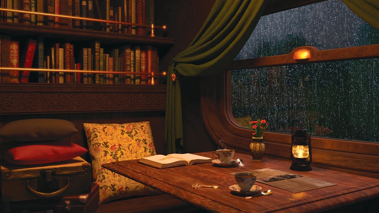 Library Train Ambience | Heavy Rain on Window Sounds at Night (Historical Ambience with Rain Sounds)