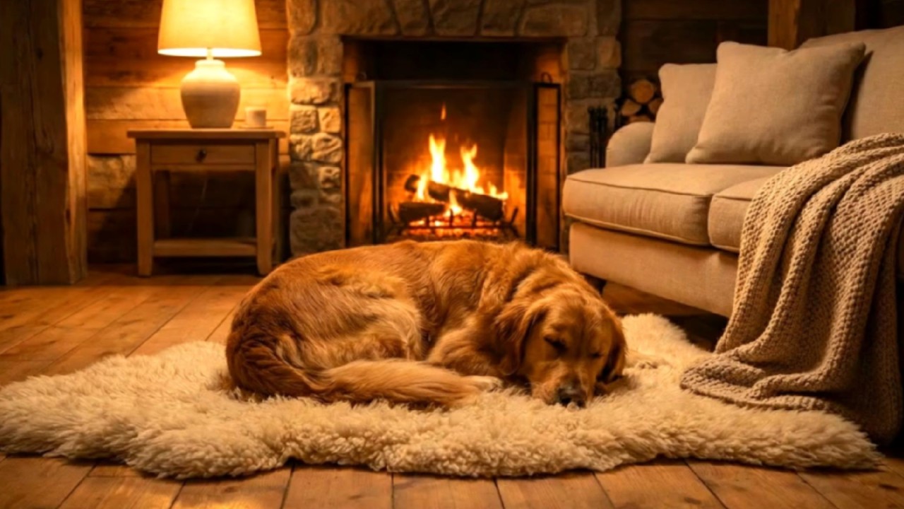 Cozy Fireplace & Snowstorm Night 🔥 Warm Living Room with Sleeping Dog  Winter Ambience (No Music)