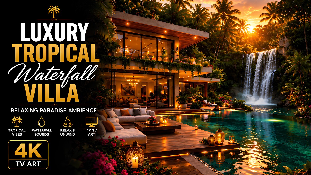 🌴 Luxury Tropical Waterfall Villa Ambience 💧 Relaxing Paradise Pool View | 4K TV Art
