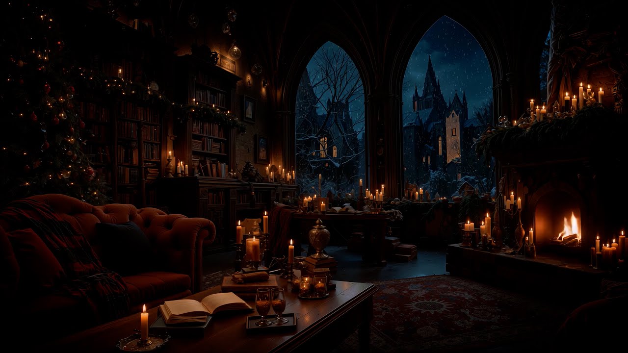 Enchanted Christmas Library – Cozy Hogwarts Ambience, Fireplace & Snowy Night