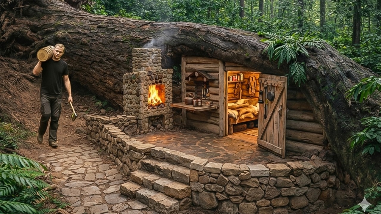I Built a Bushcraft House Out of Wood Under a Fallen Tree to Survive for 30 Days in the Rainforest