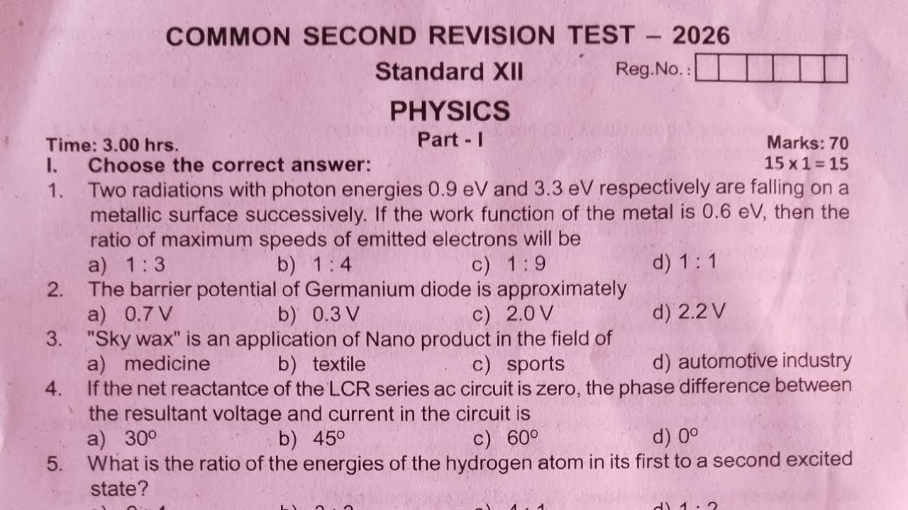 12th Physics Second Revision Exam Original Question Paper 2026 | English medium 