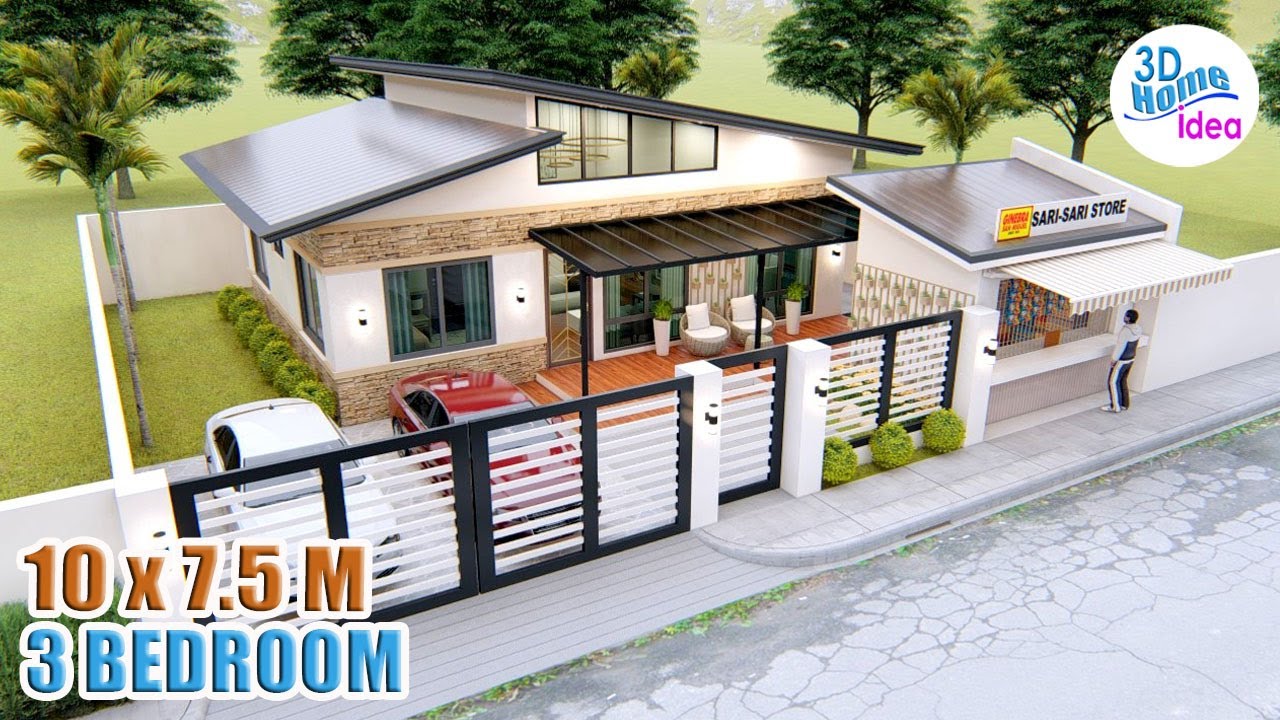 HOUSE DESIGN IDEA | 10 X 7.5 meters House with 3 Bedroom and sari sari store | Pinoy House