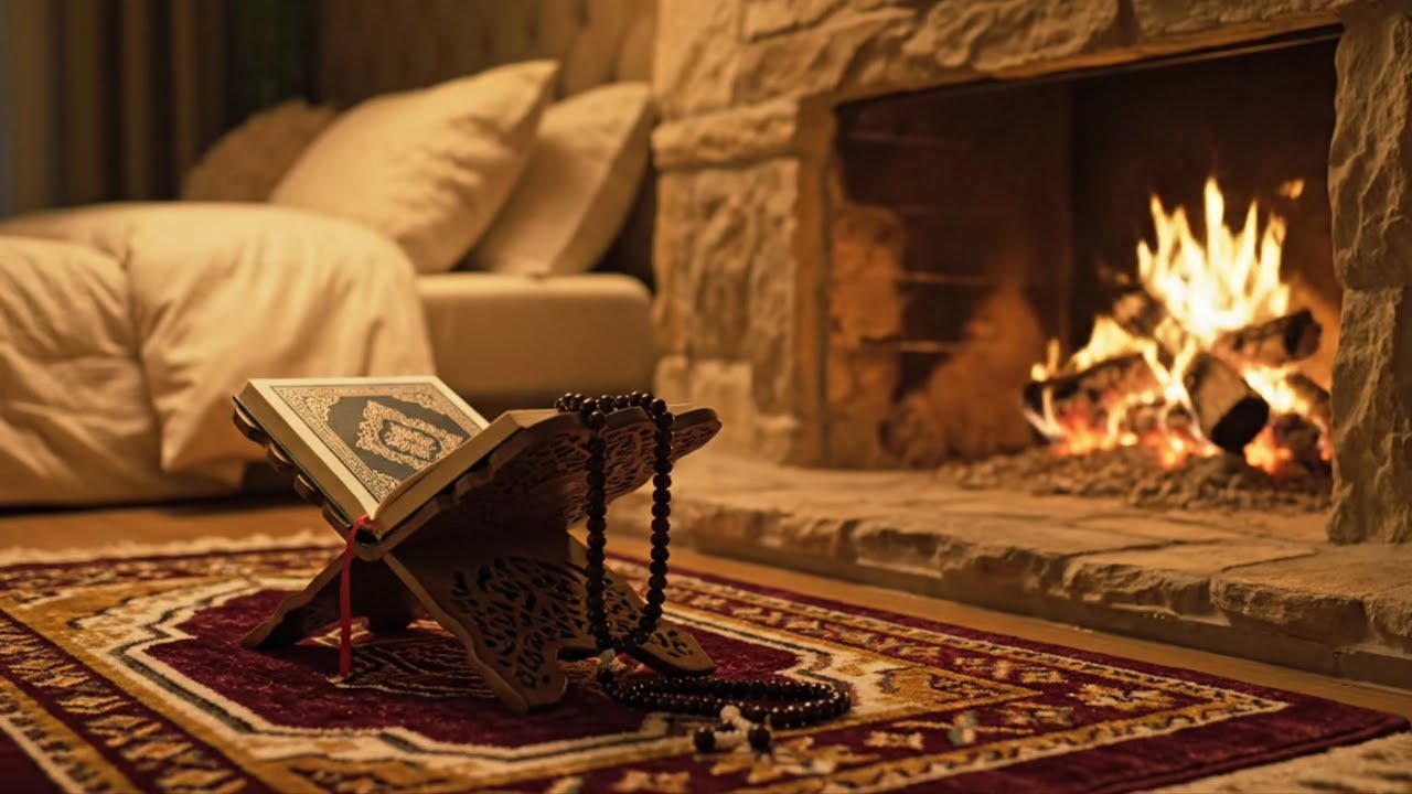 Surah Al-kahfi Qur&rsquo;an Recitation | Peaceful & Cozy Mecca Ambience with Fireplace🌙