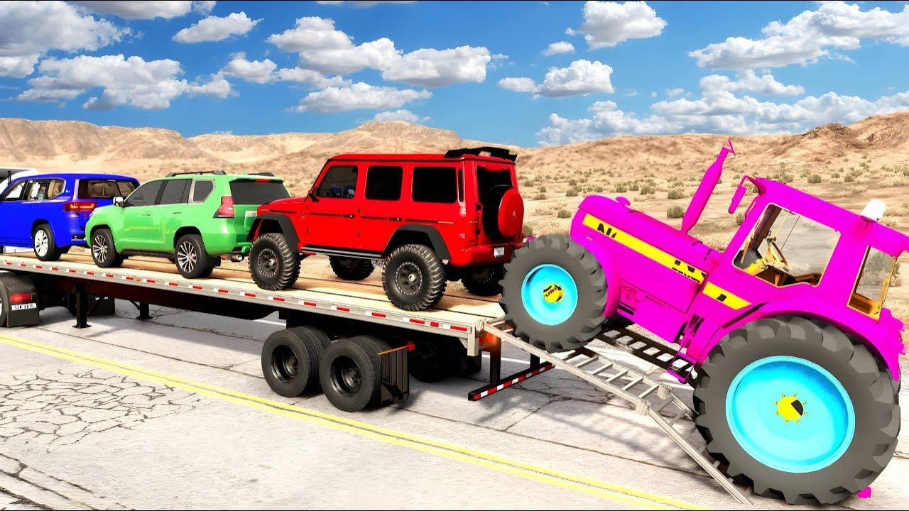 TRANSPORTING PIXAR CARS & FRUITS WITH COLORED & JOHN DEERE vs CLAAS vs TRACTORS - BeamNG.Drive