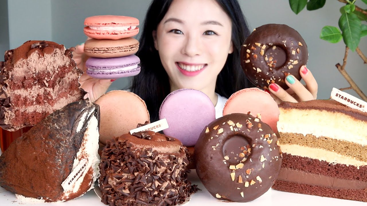 SUB) ASMR Старбакс Шоколадный десерт Мукбанг🍫 Макарон Пончик Торт Кремовый хлеб Шоколадная вечеринка