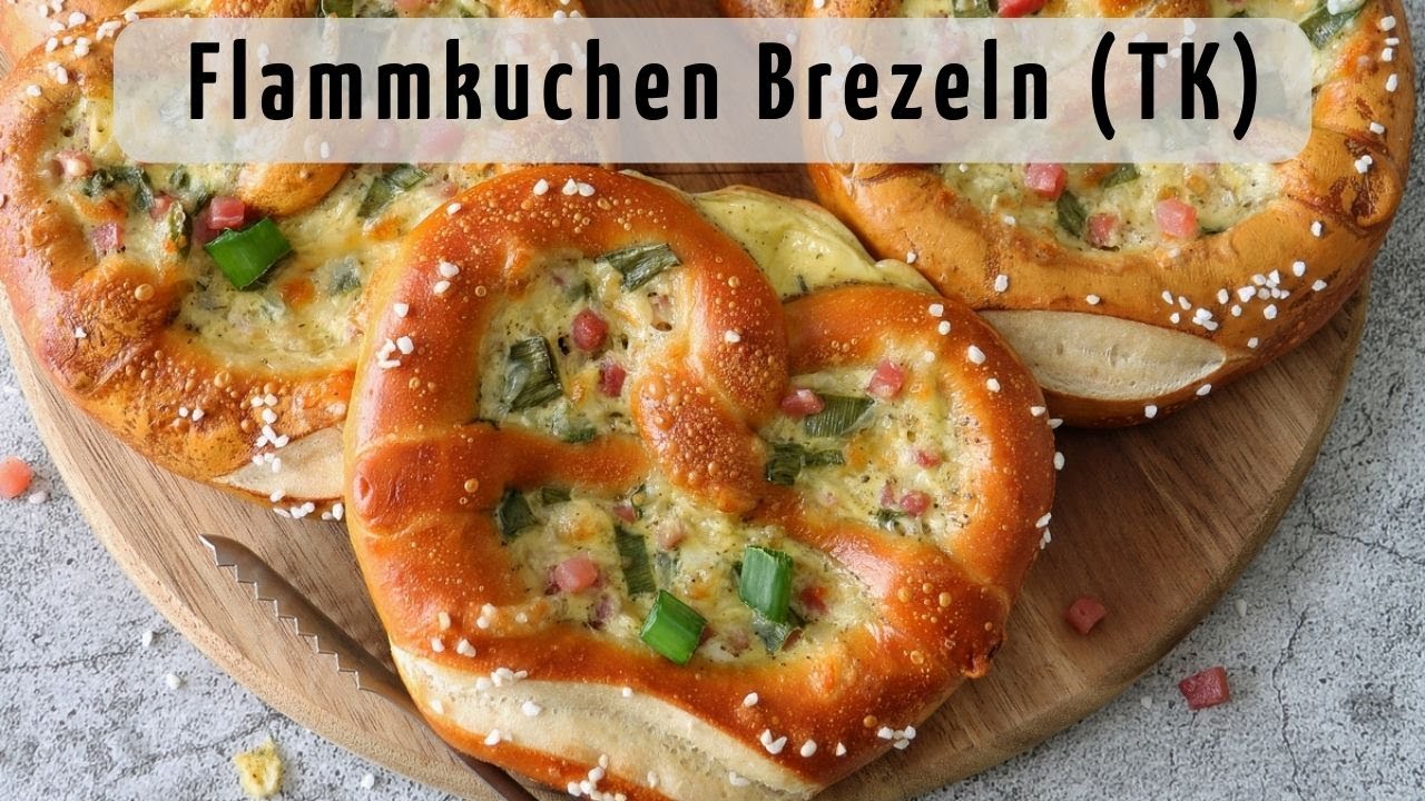 Gefüllte Flammkuchen Brezeln mit Schmand und Ei: Rezept für schnelles Fingerfood, TK Brezel Ideen