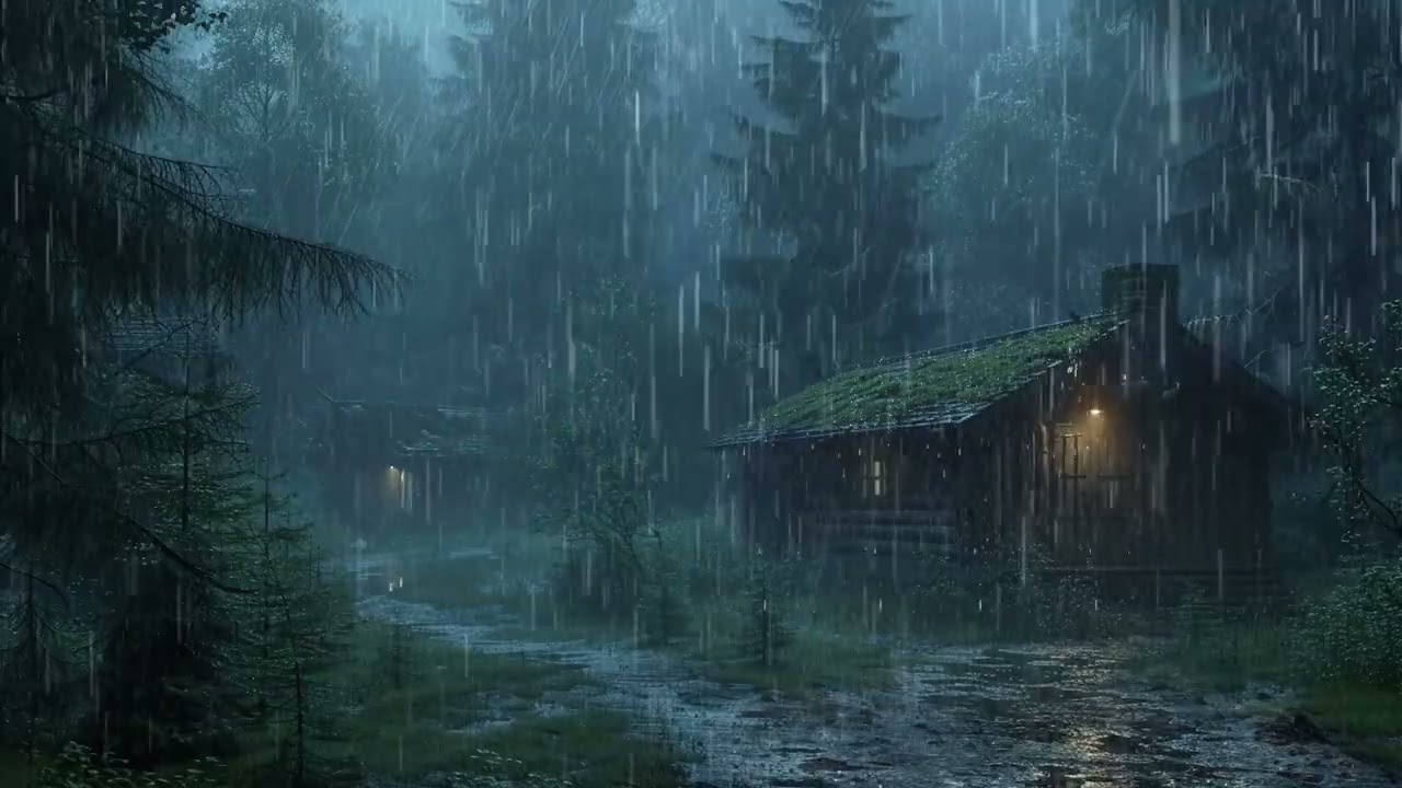 Heavy Rain at a Cozy Forest Cabin by the River 🌧️ Peaceful Mountain Ambience for Sleep