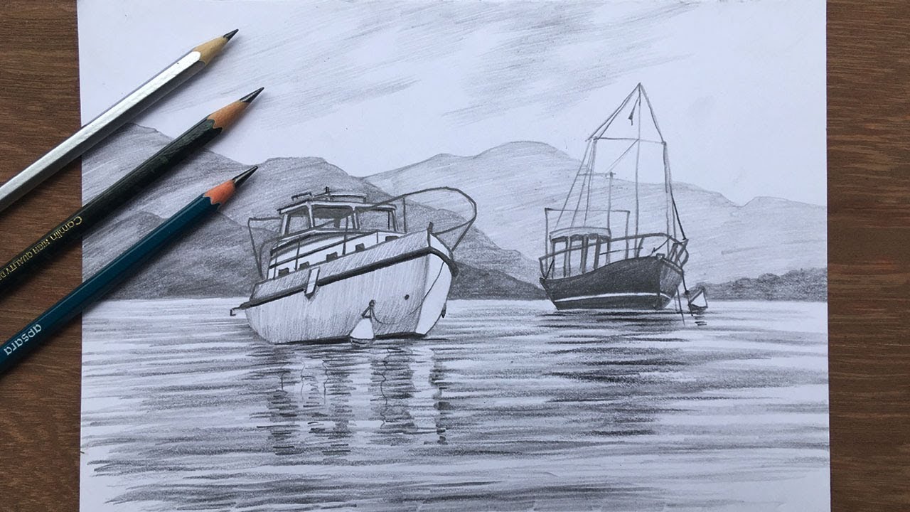 How to draw Boats in pencil | scenery drawing with Boats | pencil sketch