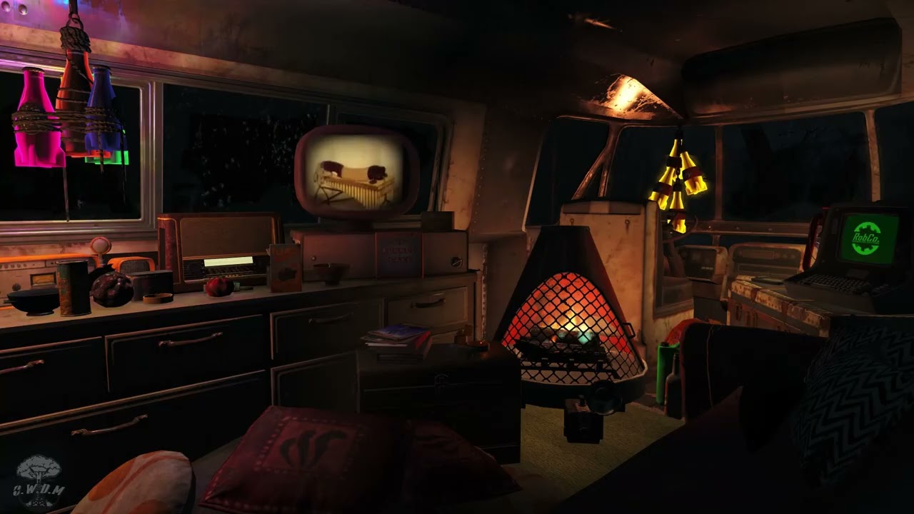 Lewis’ Bus Shelter Night ☢️ Classic Cartoons • Noir Jazz • Thunderstorm • Cozy Fallout 4 Ambience
