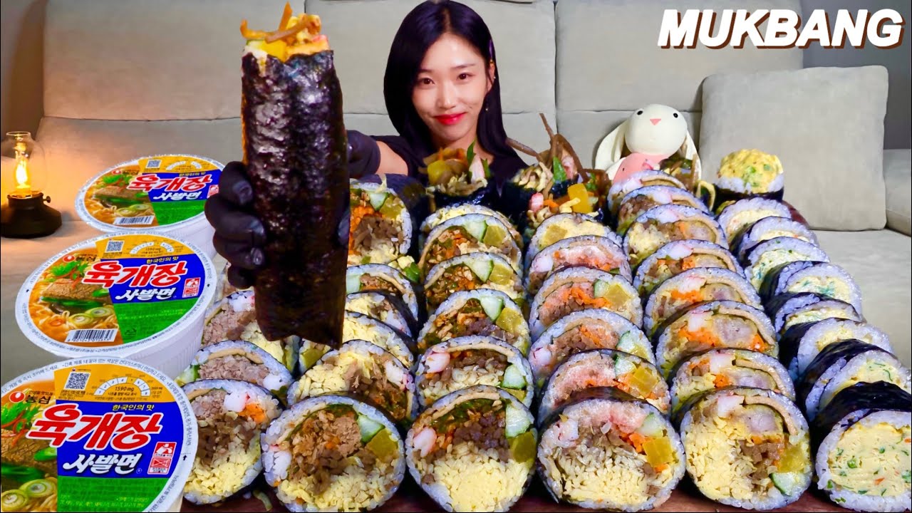 이것이 진정한 K-김밥이다!! 명란김밥, 소고기김밥, 고추참치김밥, 땡초김밥, 돈까스김밥, 계란김밥+육개장 사발면 먹방 KOREAN KIMBAP MUKBANG