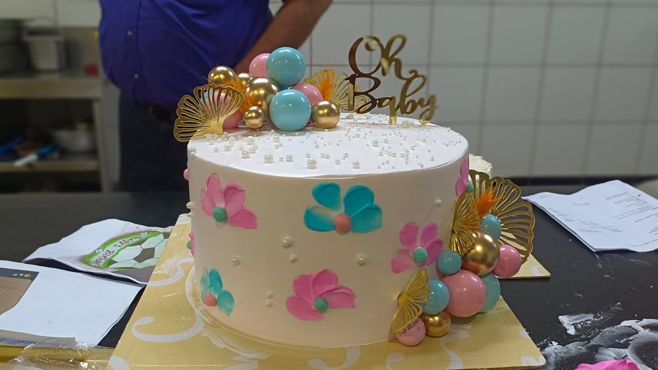 Pink and blue combination beautyful cake tutorial design #cake #cakedesign #decor #video #viral 