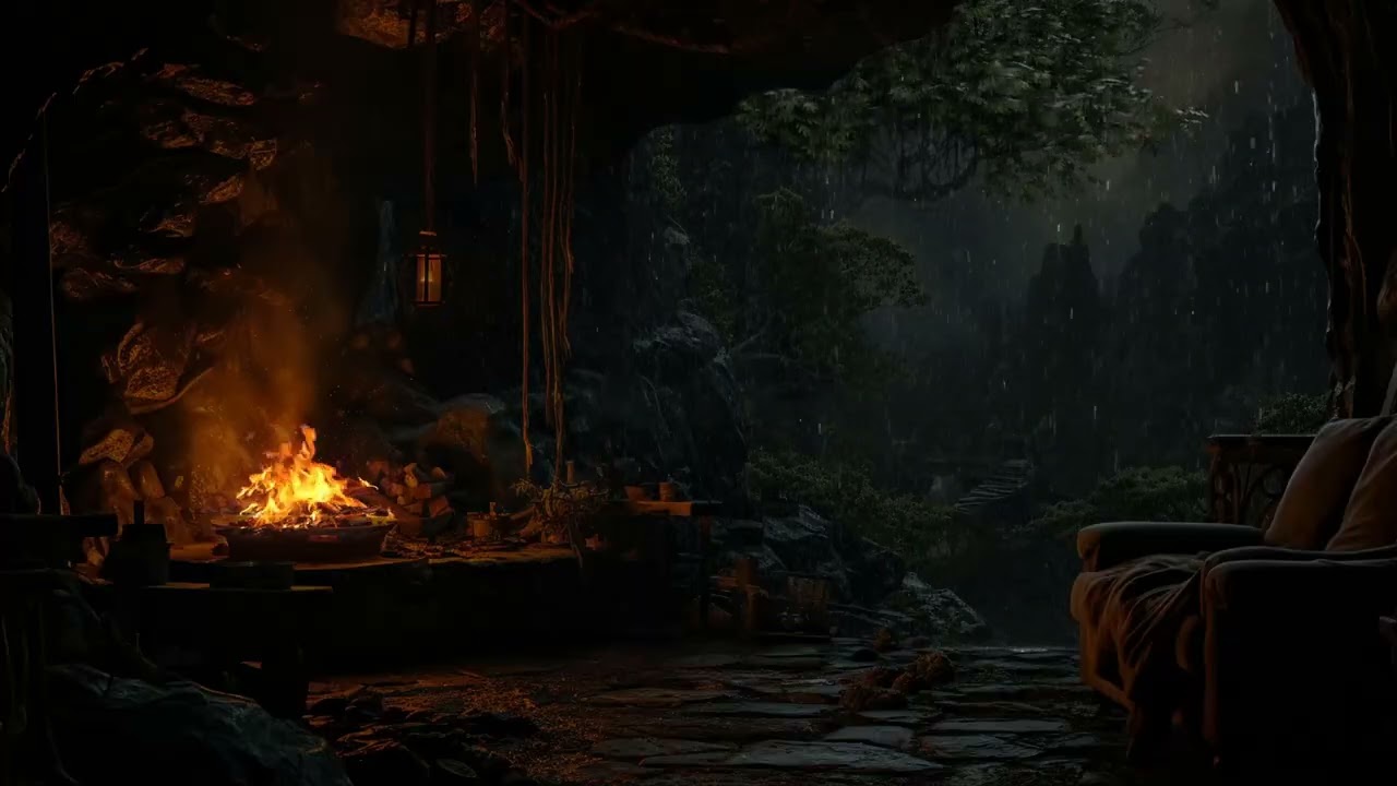 Ad-Free Deep Sleep in a Warm Cave 🌧️ Gentle Rain & Fireplace Ambience to Relax After a Long Day🔥😴