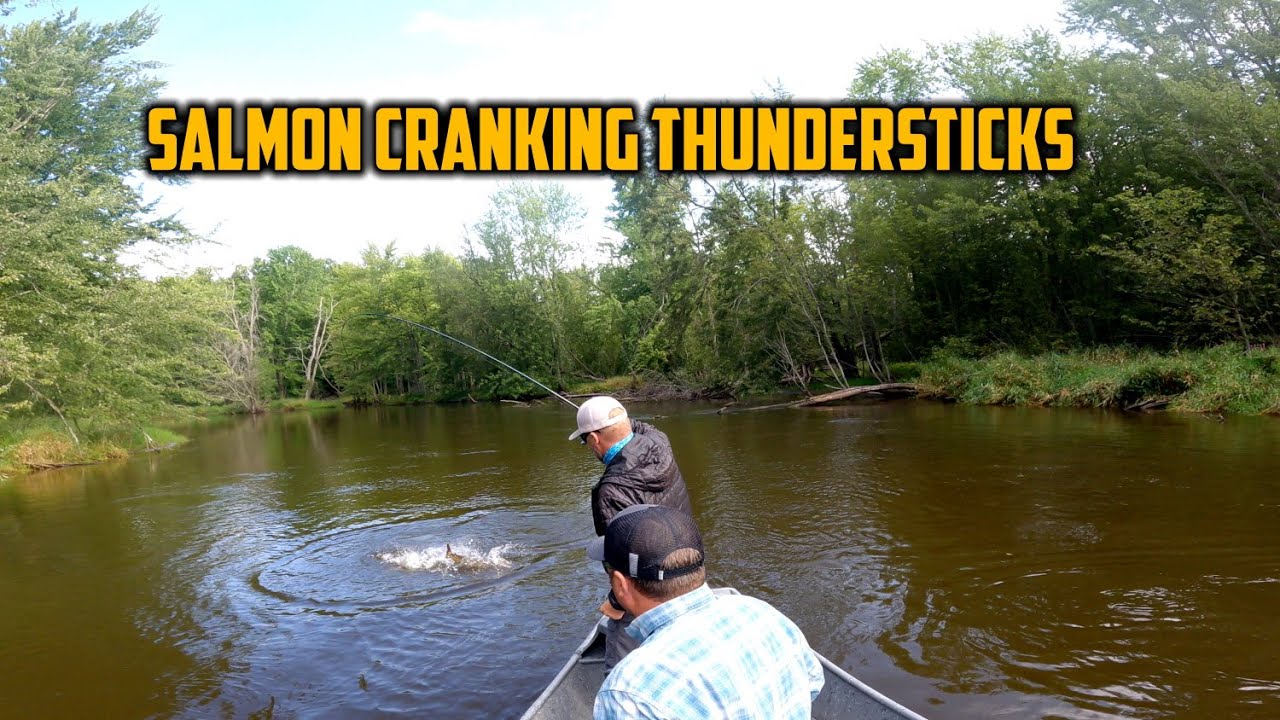 Fly Fishing Guys Throwing Thundersticks for Michigan Salmon - INSANE HOOKUPS!