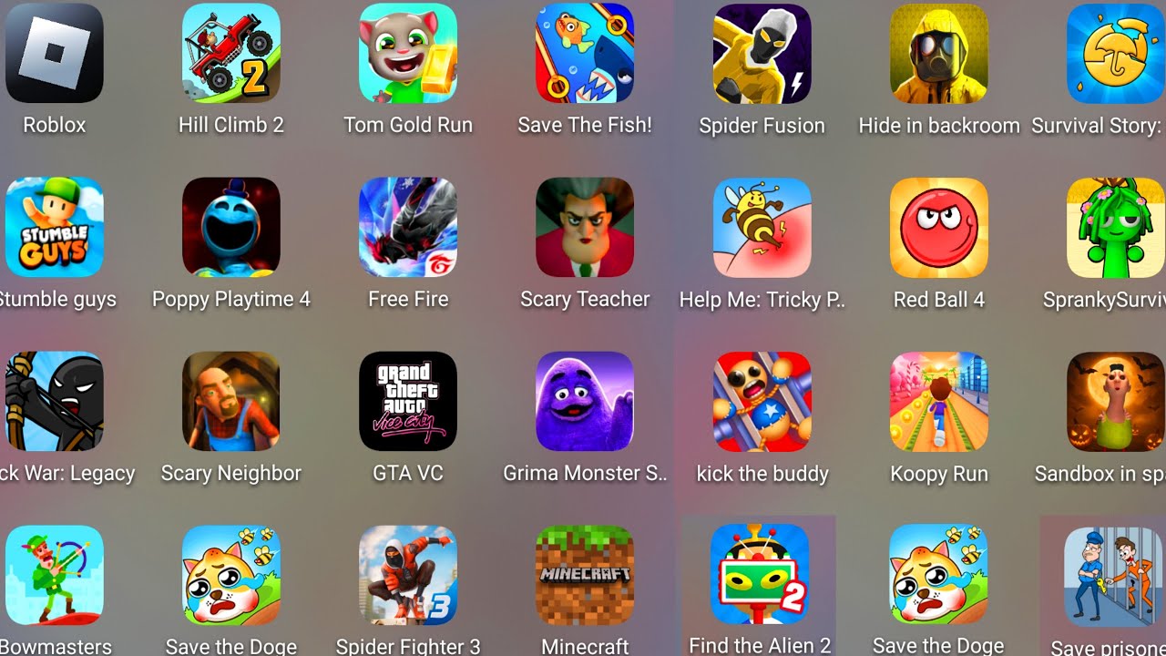 Bowmasters,StickWar Legacy,Spider Fighter 3,Minecraft,Sandbox In Space,Grimace Monster,GTA VC......