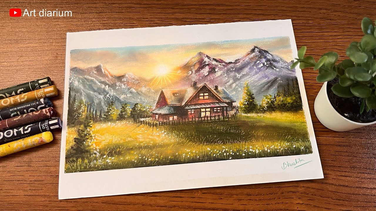 Beautiful Mountain House Scenery with Oil Pastel - Step by Step