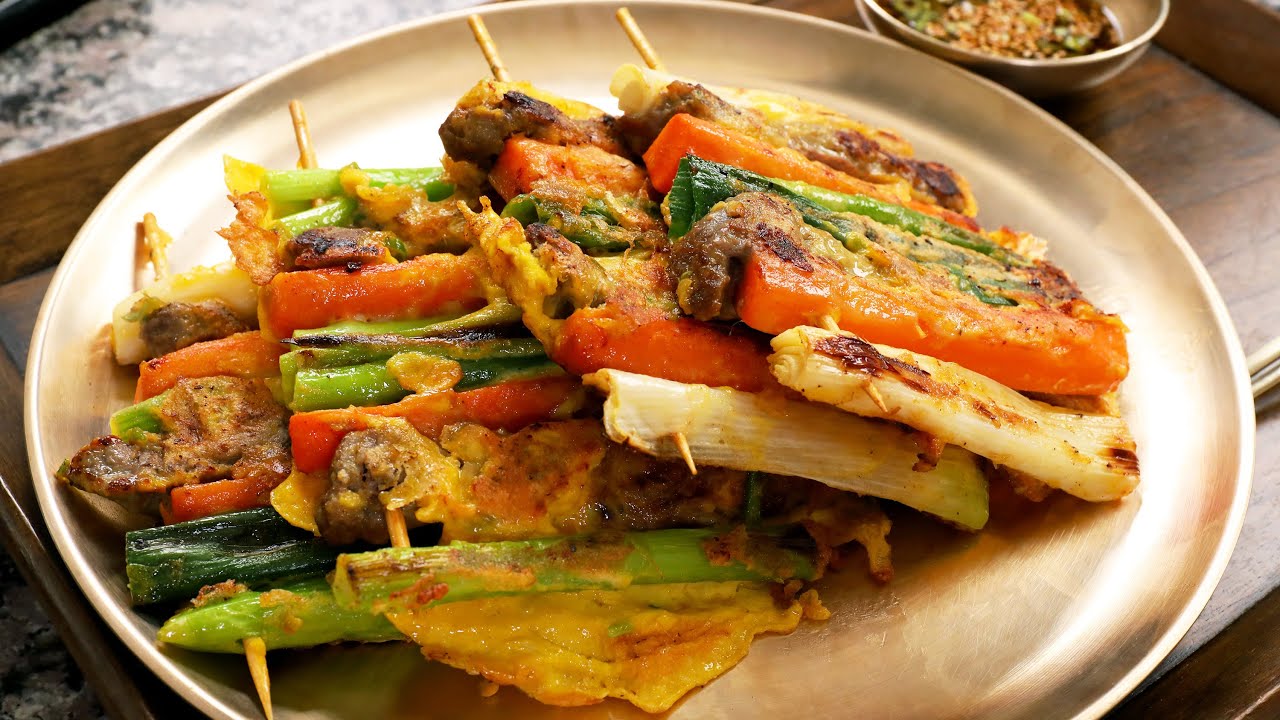 Pasanjeok (Skewered pancakes with vegetables and beef: 파산적)