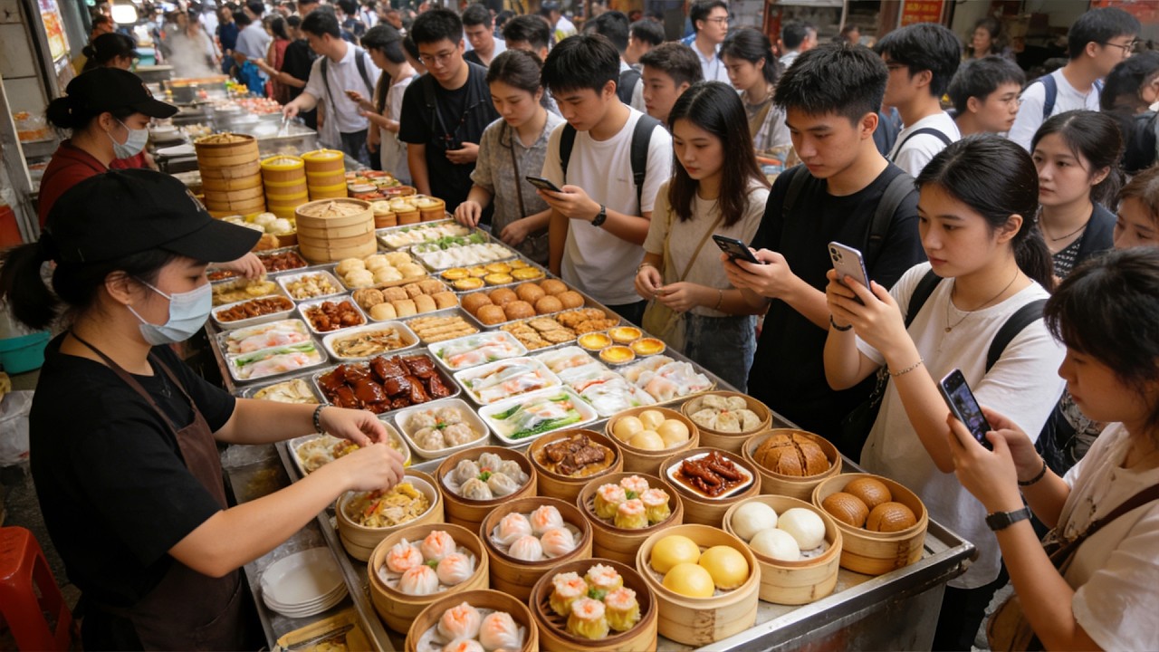 中国广州外地人最喜爱的美食街vs本地人最热爱的夜市，开了40年的小吃店，传统布拉肠粉，骑在竹竿上制作的竹升面，两根大木棒制作芝麻糊，中药一样的凉茶，种类多样的广式早茶，广州人最爱的煲仔饭，50种美味！