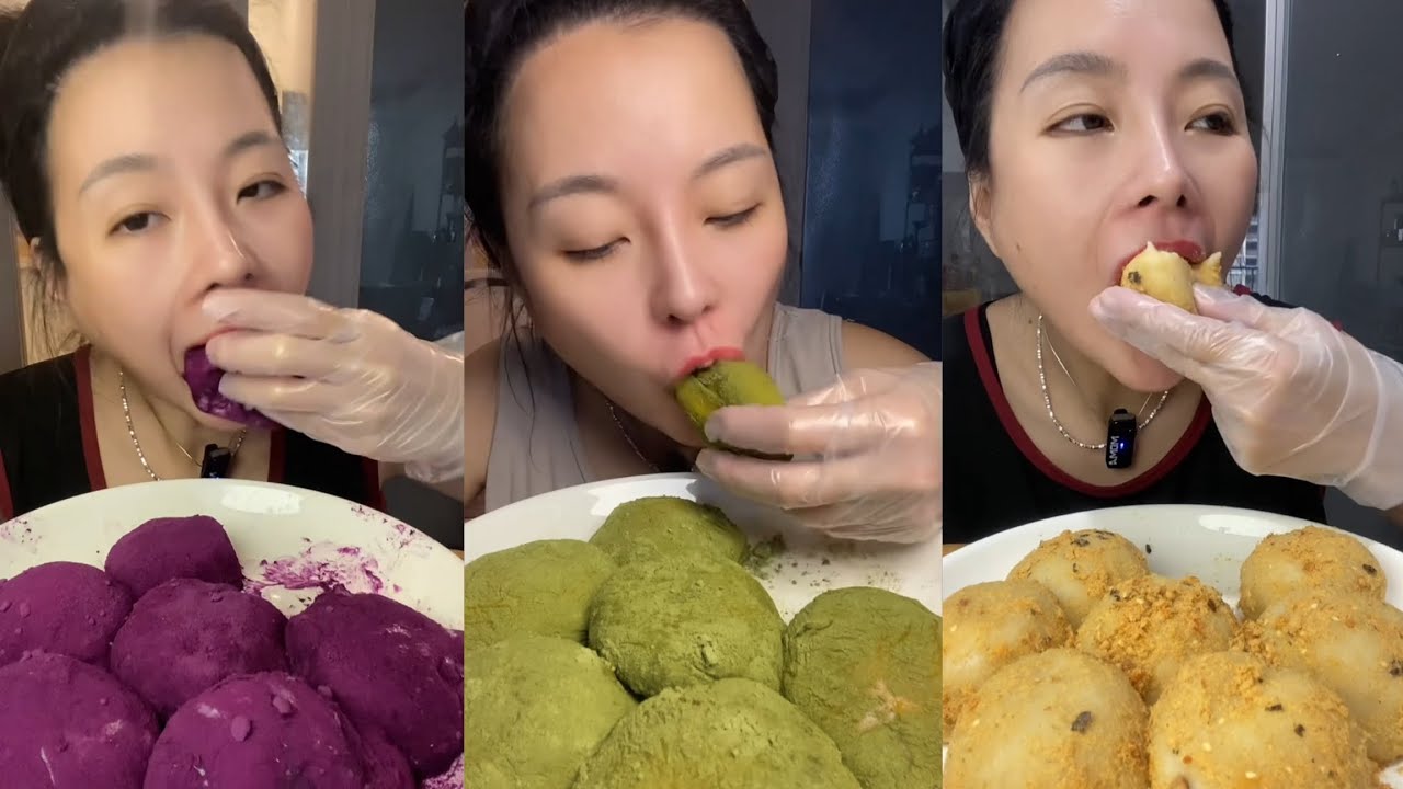 ASMR Mukbang Matcha Mochi & Purple Sweet Potato Balls | Chewy Dessert Eating Sounds