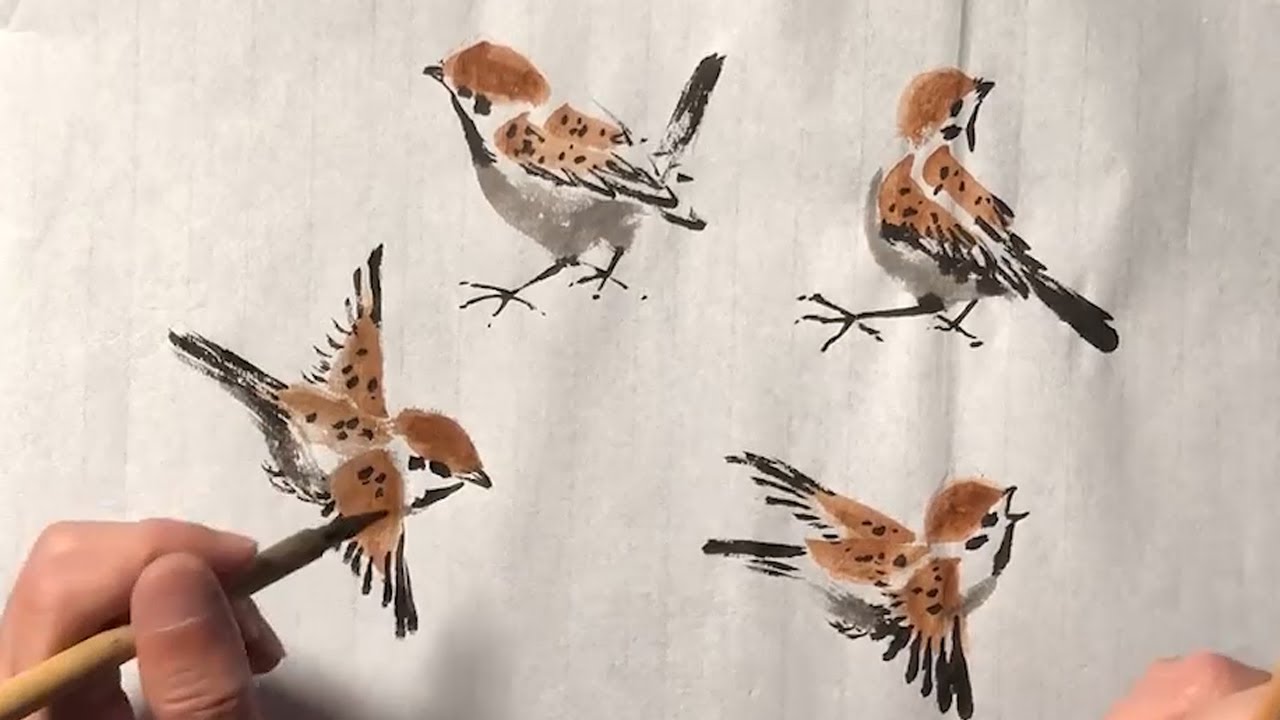 Chinese Brush Painting: Sparrows in Traditional Style
