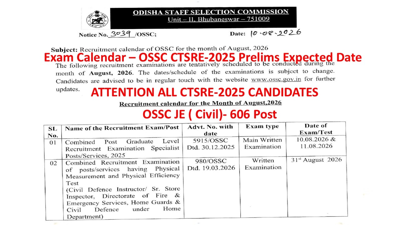 Attention All CTSRE-2025 Candidates- OSSC Exam Calendar || Expected Prelims Exam Date