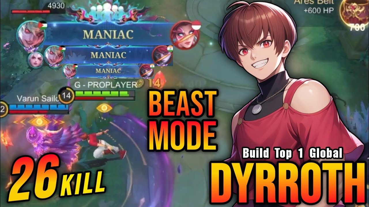 3x MANIAC!! Dyrroth Beast Mode Insane 26 Kills!! - Build Top 1 Global Dyrroth ~ MLBB