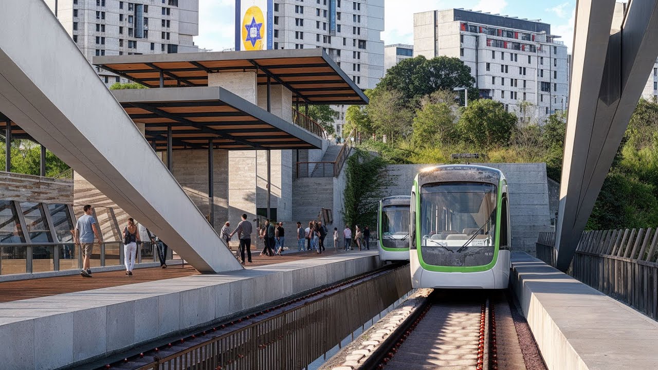 גשר האיילון של הקו הירוק של הרכבת הקלה והכניסה החדשה לתחנת האוניברסיטה תל אביב של רכבת ישראל ממנו